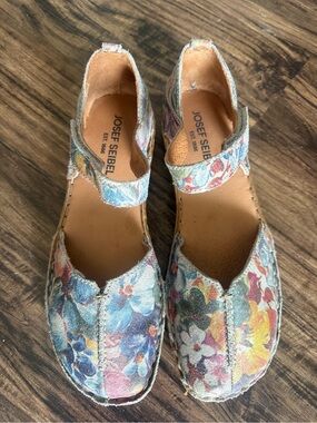 Josef Seibel Multicolor Floral Leather Mary Jane Flats - Blue, Pink, Yellow
